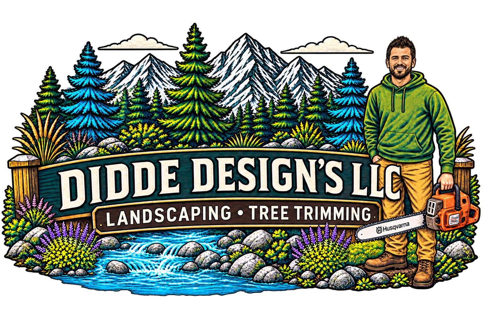 Didde Design's LLC illustrated logo with mountain landscape, creek, trees, and Stephen holding a chainsaw